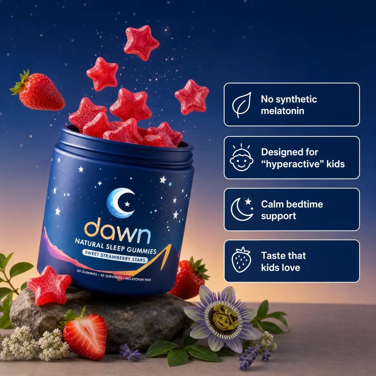 Dawn Sleep Gummies jar with strawberry star gummies and melatonin-free bedtime support benefit callouts