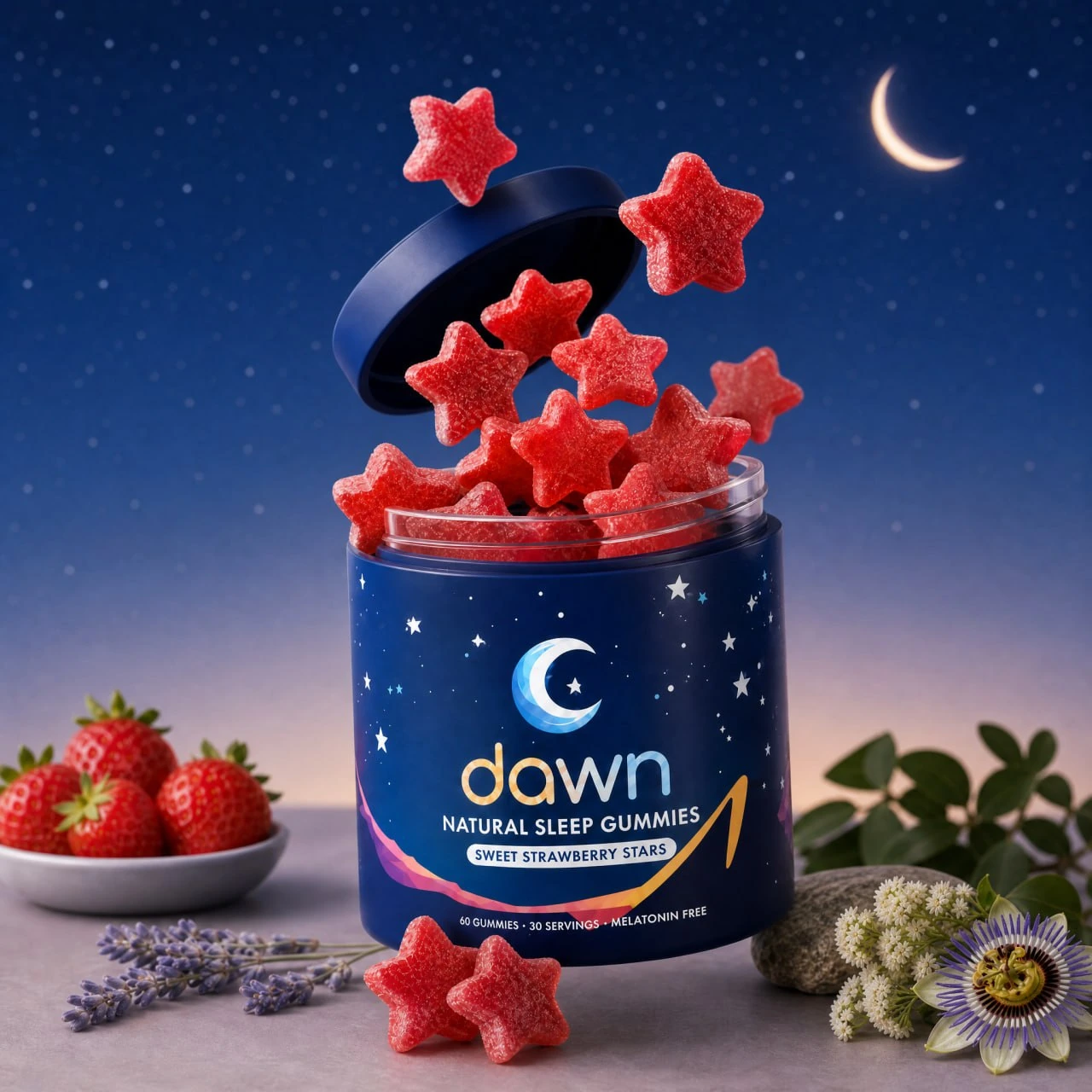 Dawn Sleep Gummies jar with strawberry star gummies in a calm adult bedtime scene