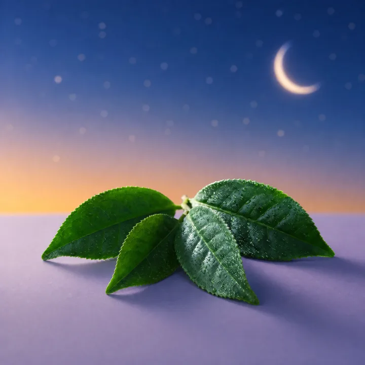 L-Theanine ingredient visual with green tea leaves for calm bedtime support