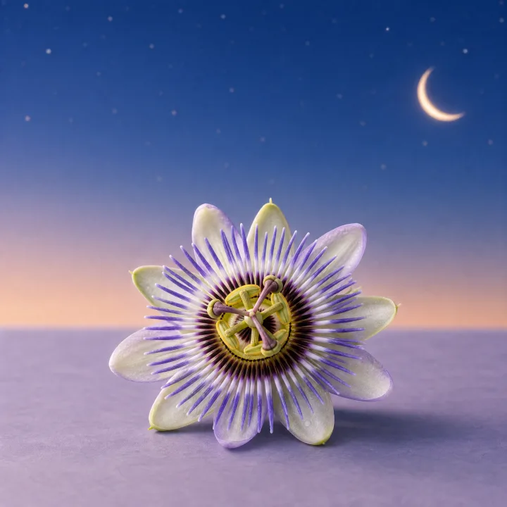 Passionflower Extract ingredient visual with purple passionflower blossom for calm bedtime support