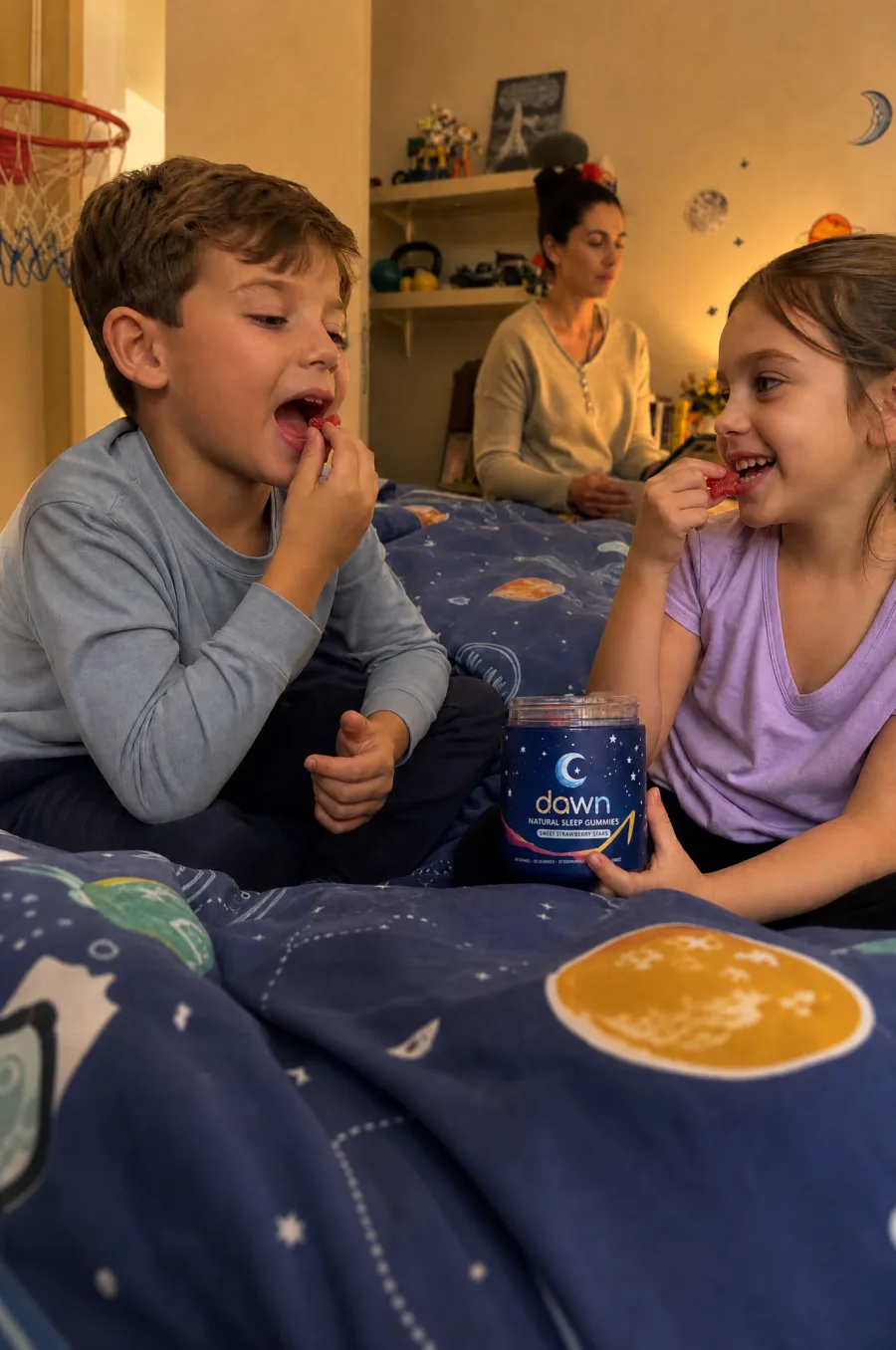 Adult holding Dawn Sleep Gummies during a calm bedtime routine
